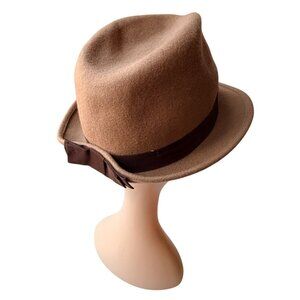 Vintage Womens Y2K Tan 100% Wool Fedora Brown Ribbon Band OS Collection Eighteen
